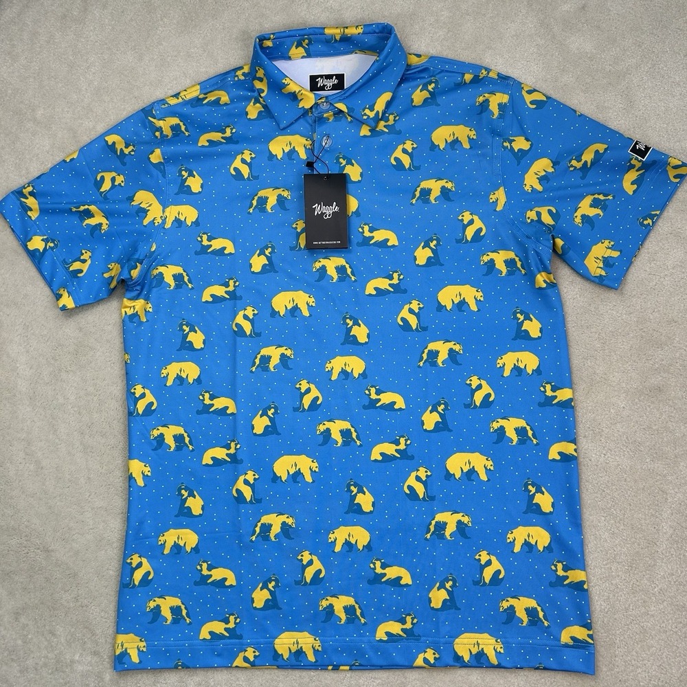 Waggle Polo Shirt Men's Med Golden Bear All Over Print Golf Performance - Picture 2 of 6